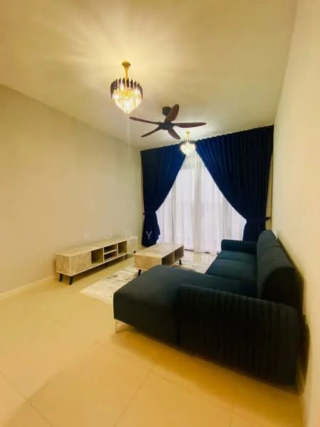 Living features: 3-seater fabric sofa in dark blue, coffee table, TV console, wall-mounted TV, chandelier, 5-blade ceiling fan, floor-to-ceiling windows, sheer curtains, dark blue curtains, cream painted walls, tile flooring, area rug; style: modern.