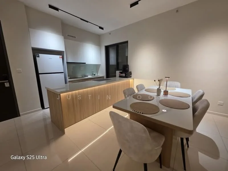Kitchen features: white cabinets, wooden countertop, stainless-steel fridge, built-in oven, ceramic tile flooring, recessed downlights, kitchen island, 4-seater dining table, upholstered dining chairs, neutral wall color, open shelving, microwave, sink, chrome faucet; style: modern.