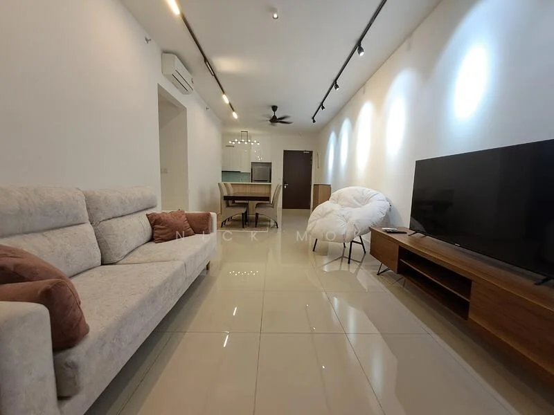 Living features: 3-seater fabric sofa in light grey, accent pillows in pink, wall-mounted TV, wooden TV console, white painted walls, recessed LED downlights, polished ceramic tile flooring, ceiling fan, open layout to kitchen, large windows for natural light; style: modern.