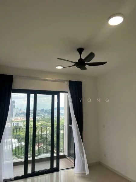 Room features: floor-to-ceiling sliding glass door, blackout curtains, 5-blade ceiling fan, recessed downlights, white painted walls, light-colored flooring, balcony view of city skyline; style: modern; view: city.