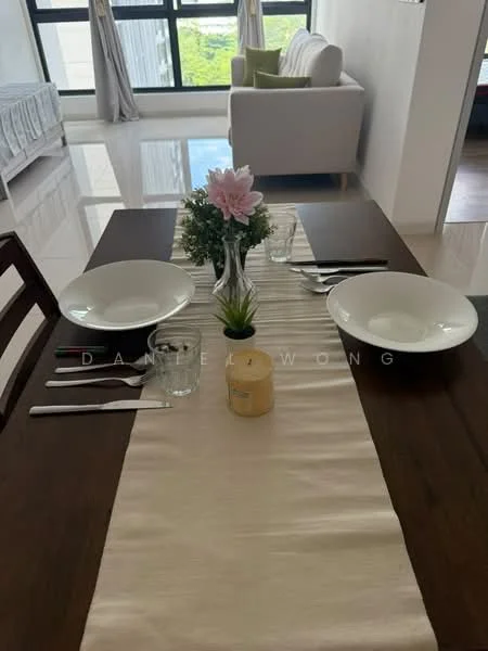 Dining features: wood dining table, white ceramic plates, silver cutlery, glass drinking glasses, decorative flower vase, small decorative plant, candle, table runner, natural light from large windows, neutral wall color, modern dining chairs; style: modern; view: garden. Living features: sofa, large windows, curtains, neutral color scheme; style: modern; view: garden.