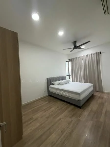 Bedroom features: queen-size bed, upholstered headboard, wooden flooring, white painted walls, ceiling fan, floor-to-ceiling window, curtains, nightstand, light fixture; style: modern.