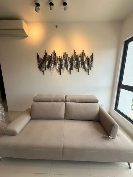 Living features: 3-seater fabric sofa in beige, wall-mounted artwork, recessed ceiling lights, wall-mounted split AC, white painted walls, tile flooring, floor-to-ceiling window, natural light; style: modern.