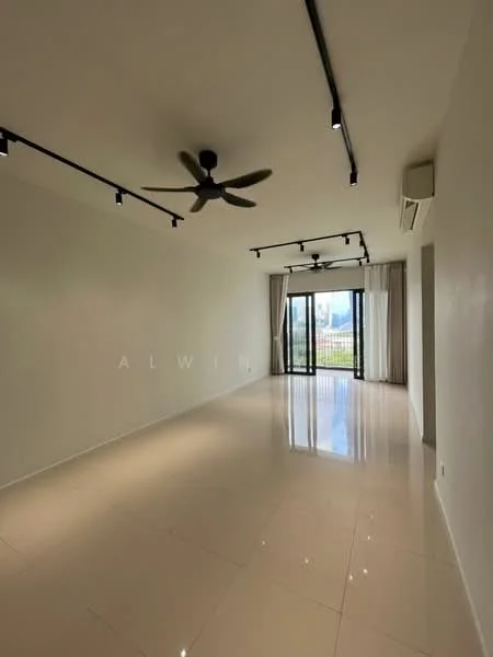 Living features: white painted walls, polished tile flooring, 5-blade ceiling fan, recessed LED downlights, floor-to-ceiling sliding glass door, sheer curtains, balcony view, air conditioning unit; style: modern; view: garden.