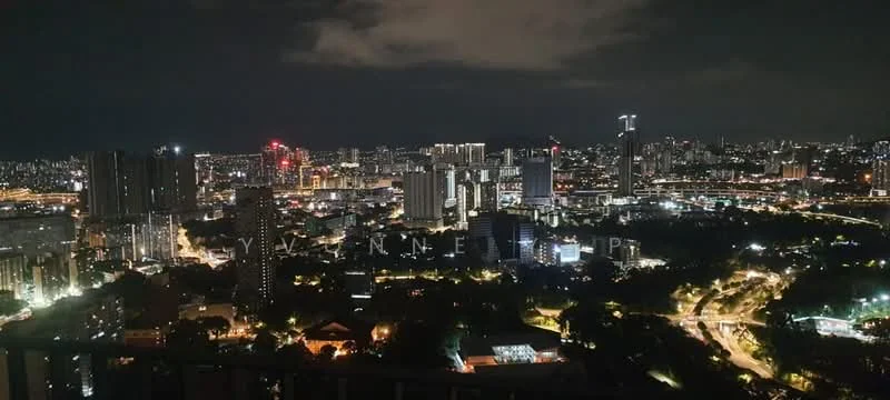 Exterior type: high-rise condominium; features: city skyline view, night lighting, surrounded by urban landscape, visible high-rise buildings, street lights, greenery in foreground; style: modern.