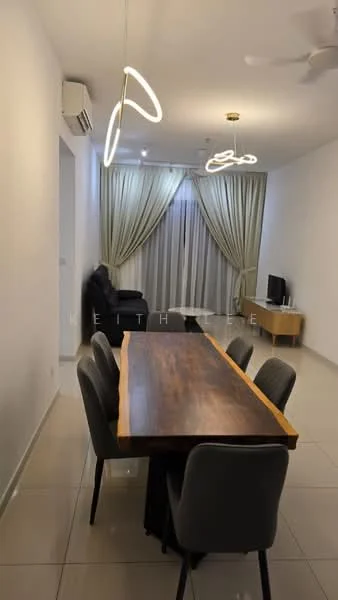 Dining features: wood dining table with black legs, 6 upholstered dining chairs in grey, recessed downlights, 2 modern pendant lights, white painted walls, floor-to-ceiling windows with sheer curtains, light grey tiled flooring, air conditioning unit on wall, black leather sofa, TV console with television; style: modern.