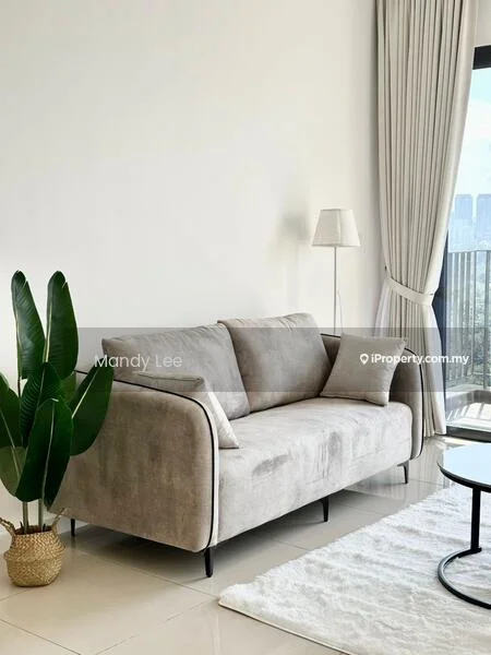 Living features: 3-seater fabric sofa in grey, floor-to-ceiling windows, white walls, light-colored curtains, round coffee table with black surface, decorative indoor plant, laminate flooring, table lamp; style: modern; view: city.