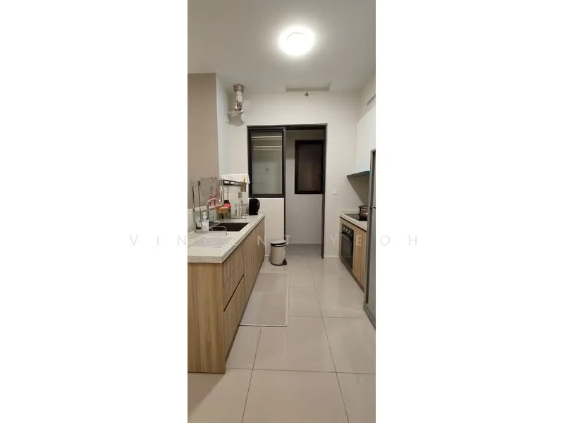 Kitchen features: light wood cabinetry, white quartz countertop, stainless-steel sink, chrome pull-down faucet, built-in oven, freestanding range oven, exhaust hood, tile backsplash, ceramic tile flooring, recessed ceiling lights, window with frosted glass, open shelving; style: modern.