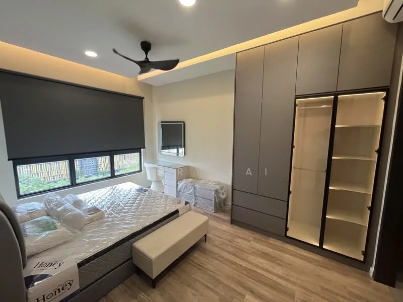 Bedroom features: queen-size bed, upholstered headboard, bedside bench, built-in wardrobe with glass doors, wall-mounted mirror, blackout roller blinds, ceiling fan, wooden flooring, recessed lighting; style: modern; view: garden.