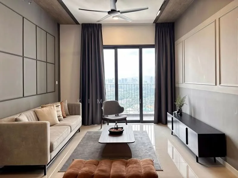Living features: 3-seater fabric sofa in beige, coffee table, TV console in black, floor-to-ceiling windows, grey area rug, 5-blade ceiling fan with light, curtains in dark grey, decorative plant in ceramic pot, wall-mounted artwork, accent wall with paneling, polished tile flooring; style: modern; view: city.