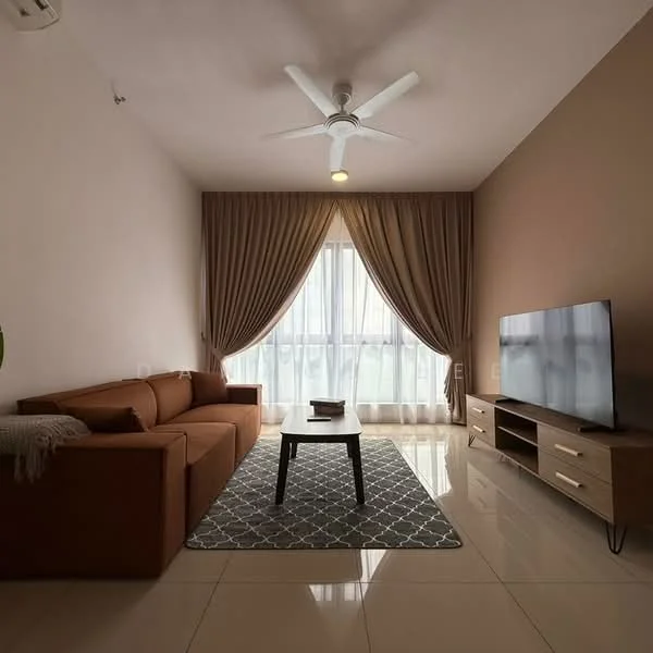 Living features: 3-seater fabric sofa in orange, coffee table, TV console, wall-mounted TV, area rug with geometric pattern, floor-to-ceiling windows, sheer curtains, dropped ceiling, ceiling fan with light, polished tile flooring, decorative wall with brown paint, light fixture; style: modern; view: city.