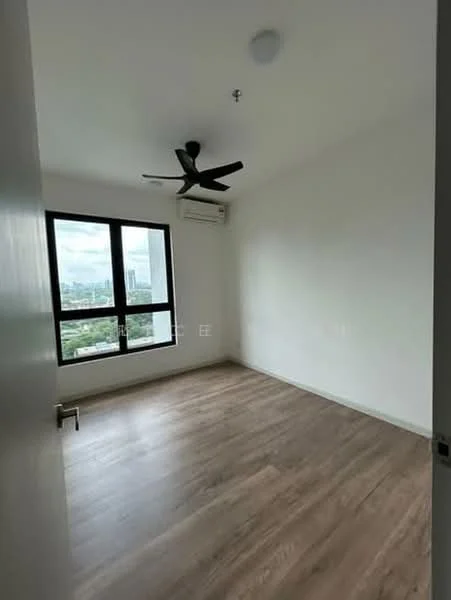 Bedroom features: light wood laminate flooring, white painted walls, 5-blade ceiling fan, floor-to-ceiling window, city view, wall-mounted split AC, no visible furniture; style: modern; view: city.