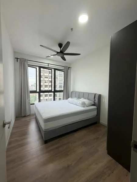 Bedroom features: queen-size bed, upholstered headboard, 2 bedside lamps, floor-to-ceiling windows, grey curtains, light wood flooring, 5-blade ceiling fan with light, white painted walls, built-in wardrobe with sliding doors; style: modern; view: city.