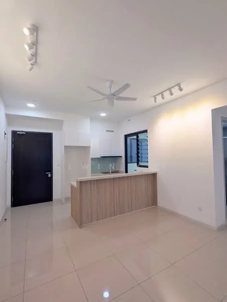 Kitchen features: white painted walls, light grey cabinetry, wooden kitchen island, stainless-steel sink, chrome pull-down faucet, ceramic tile flooring, recessed LED downlights, 5-blade ceiling fan, window with black frame, open layout, countertop with backsplash; style: modern.
