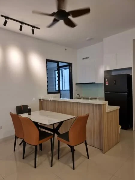 Dining features: 4-seater dining table with marble top, 4 upholstered dining chairs in orange, kitchen counter with wood cabinetry, black refrigerator, white upper cabinets, grey backsplash, recessed LED downlights, ceiling fan with 3 blades, cream tiled flooring, window with horizontal slats; style: modern.