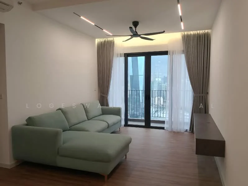 Living features: 3-seater fabric sofa in light green, wooden flooring, floor-to-ceiling windows, sliding glass door, sheer curtains, blackout curtains, 5-blade ceiling fan with light, wall-mounted TV console, decorative wall with minimalistic design, recessed LED downlights; style: modern; view: city.