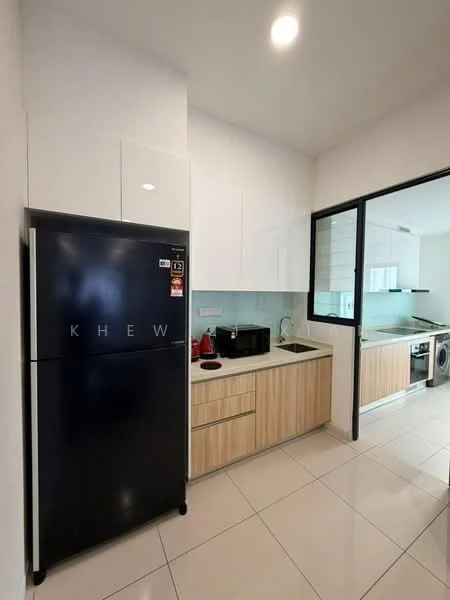 Kitchen features: white upper cabinets, wood lower cabinets, black refrigerator, built-in microwave, single-bowl stainless-steel sink, chrome pull-down faucet, glass backsplash, ceramic tile flooring, recessed downlights, window with black frame, washing machine, countertop with space for appliances; style: modern.