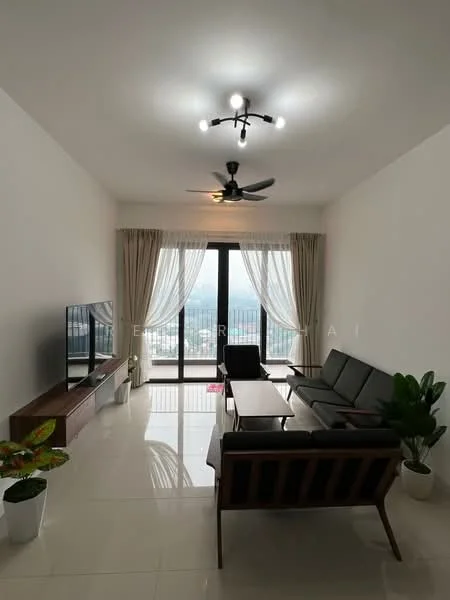 Living features: 3-seater fabric sofa in dark grey, 2-seater wooden sofa, wooden coffee table, TV console, wall-mounted TV, floor-to-ceiling windows, sheer curtains, ceiling fan with light, recessed downlights, white painted walls, glossy tile flooring, indoor plants in pots; style: modern; view: city.