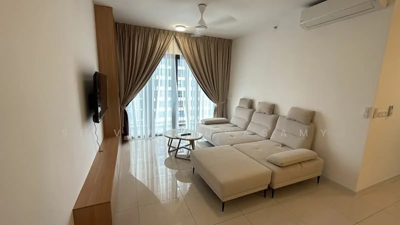 Living features: L-shape sectional sofa in beige, coffee table with round top, wall-mounted TV, TV console in light wood, floor-to-ceiling windows, sheer curtains, recessed downlights, 5-blade ceiling fan, glossy tile flooring, decorative wall with light wood paneling; style: modern; view: city.