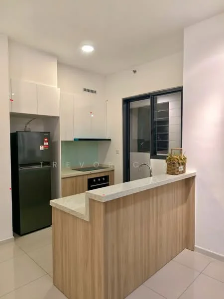 Kitchen features: white cabinetry, green backsplash, stainless-steel fridge, granite countertop, kitchen island with seating, single-bowl stainless-steel sink, chrome pull-down faucet, recessed downlights, tile flooring, window with view to outside; style: modern.