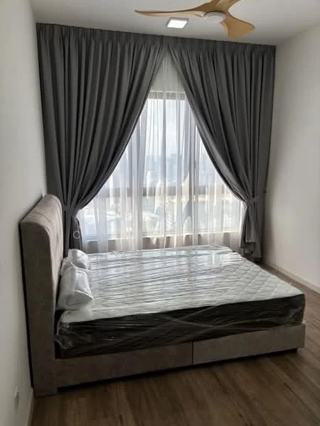 Bedroom features: king-size bed, upholstered headboard, floor-to-ceiling windows, sheer curtains, grey blackout curtains, wooden flooring, 5-blade ceiling fan, decorative wall, natural light, view of city skyline; style: modern; view: city.