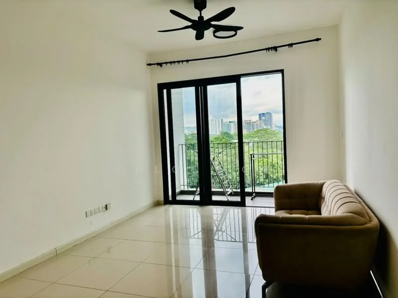Living features: white painted walls, glossy tile flooring, 5-blade ceiling fan, floor-to-ceiling sliding glass door, blackout curtains, balcony access, sofa in beige fabric, city view; style: modern; view: city.