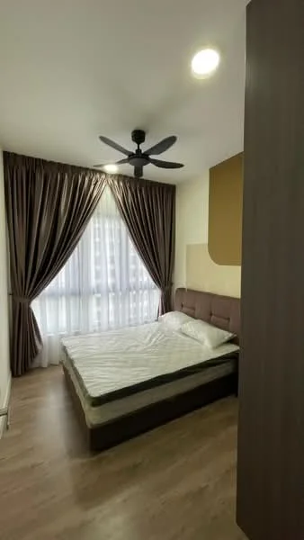 Bedroom features: queen-size bed, upholstered headboard, floor-to-ceiling windows, sheer curtains, dark brown curtains, 5-blade ceiling fan, laminate flooring, light-colored walls, decorative wall panel, built-in wardrobe; style: modern.