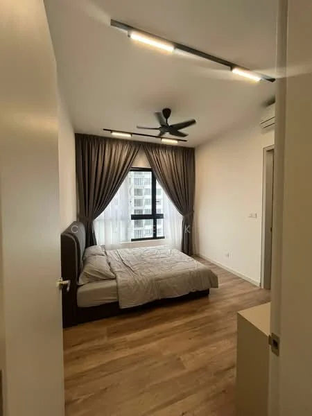Bedroom features: king-size bed, upholstered headboard, floor-to-ceiling windows, grey curtains, 5-blade ceiling fan with light, wooden flooring, white painted walls, built-in wardrobe; style: modern; view: city.