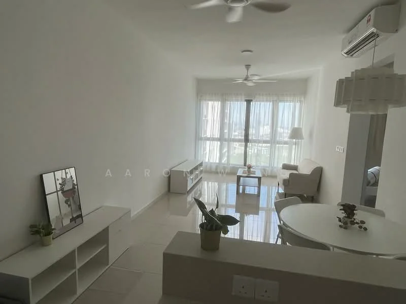 Living features: white painted walls, glossy tile flooring, 5-blade ceiling fan with light, floor-to-ceiling windows, sheer curtains, light-colored fabric sofa, coffee table, TV console, decorative mirror, area rug, indoor plants, dining table with chairs; style: modern; view: city.