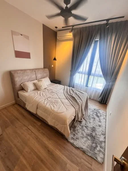 Bedroom features: king-size bed with upholstered headboard, white bedding, decorative throw blanket, 2 bedside lamps, floor-to-ceiling windows, sheer curtains, dark grey accent wall, wooden flooring, 5-blade ceiling fan, recessed downlights, area rug with shaggy texture, air conditioning unit; style: modern; view: garden.