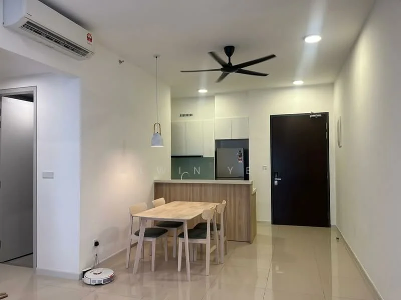 Dining features: dining table with four chairs, white walls, recessed downlights, 5-blade ceiling fan, air conditioning unit, kitchenette with cabinets, stainless-steel fridge, pendant light above table, glossy tile flooring, door leading to hallway; style: modern.