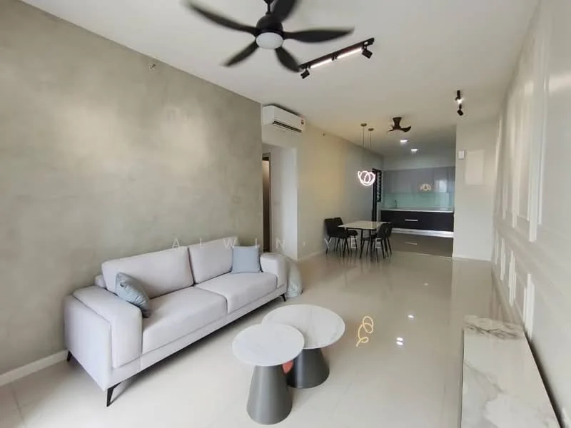 Living features: light grey accent wall, white painted walls, polished ceramic tile flooring, 5-blade ceiling fan, recessed LED downlights, 3-seater fabric sofa in light grey, round coffee table with marble top, black side table, decorative wall paneling, open layout to dining area; style: modern. Dining features: black dining table, 4 black dining chairs, pendant light fixture, open layout to living area, kitchen visible in background; style: modern.