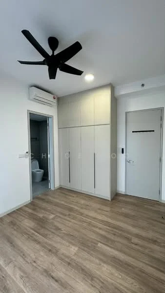 Bedroom features: wooden flooring, 5-blade ceiling fan with light, built-in wardrobe with sliding doors, white painted walls, recessed downlights, door leading to bathroom, door leading to hallway, air conditioning unit; style: modern.
