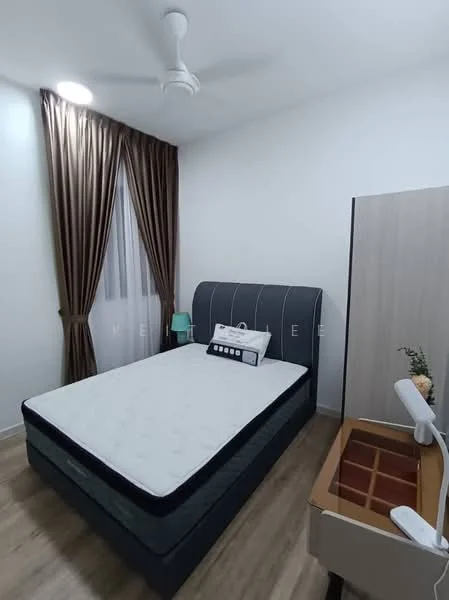 Bedroom features: queen-size bed, upholstered headboard in grey, wooden bedside table, table lamp, floor-to-ceiling window with sheer curtains, brown curtain drapes, light wood flooring, ceiling fan with light; style: modern.