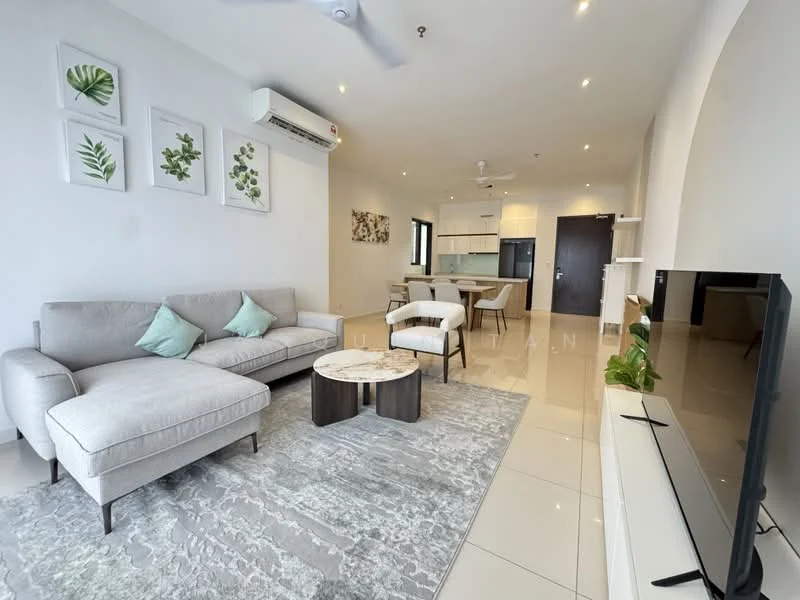 Living features: 3-seater fabric sofa in light grey, 2 accent cushions in light blue, coffee table with marble top, area rug with geometric pattern, wall-mounted TV, TV console, ceiling fan with light, white painted walls, tile flooring, large windows with natural light, decorative wall art with botanical prints, dining area visible in background; style: modern.