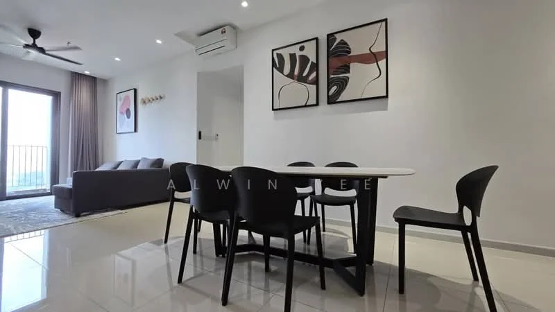 Dining features: 6-seater dining table, black dining chairs, pendant light, white walls, polished tile flooring, floor-to-ceiling windows, curtains, decorative wall art; style: modern; view: city. Living features: 3-seater fabric sofa in grey, area rug, wall-mounted air conditioning unit, decorative wall art, light-colored walls, curtains; style: modern; view: city.