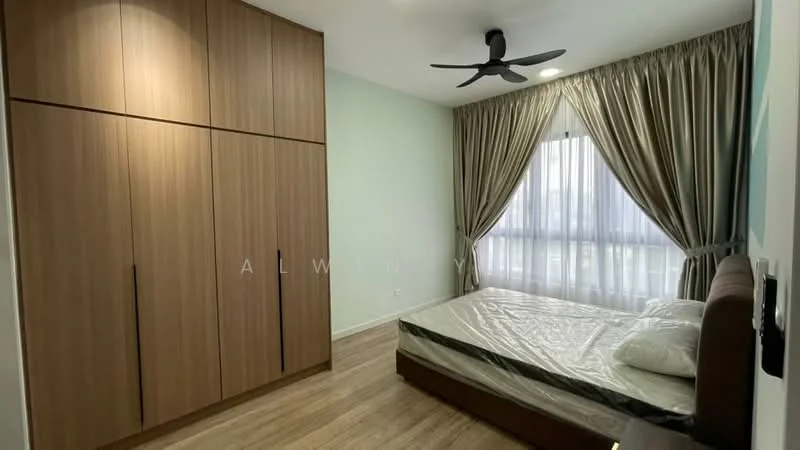 Bedroom features: queen-size bed, upholstered headboard, built-in wardrobe with wooden finish, floor-to-ceiling window, sheer curtains, 5-blade ceiling fan with light, wooden flooring, decorative wall with light green paint; style: modern; view: city.