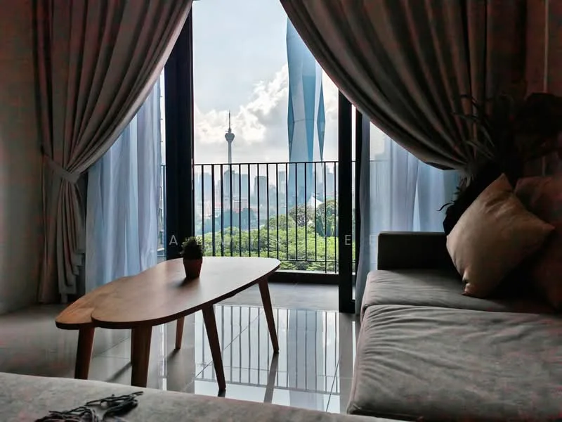 Living features: grey fabric sofa, wooden coffee table, floor-to-ceiling windows, sheer curtains, city skyline view, polished tile flooring, decorative plant, balcony access; style: modern; view: city.