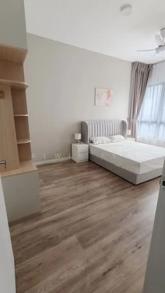 Bedroom features: queen-size bed, upholstered headboard, 2 bedside tables, lamps on bedside tables, wooden flooring, floor-to-ceiling window, curtains, ceiling fan, wall-mounted artwork, built-in shelving unit; style: modern.