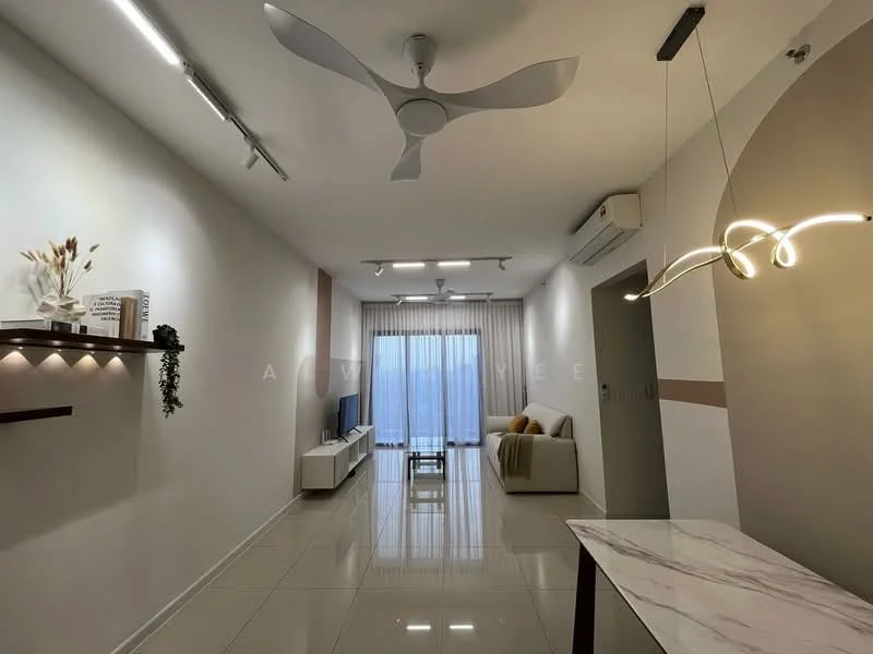 Living features: white painted walls, glossy tile flooring, 5-blade ceiling fan with integrated LED light, recessed LED downlights, floor-to-ceiling windows, sheer curtains, sofa in beige, TV console, wall-mounted TV, decorative wall shelf, marble-top dining table, decorative plant, area rug; style: modern.
