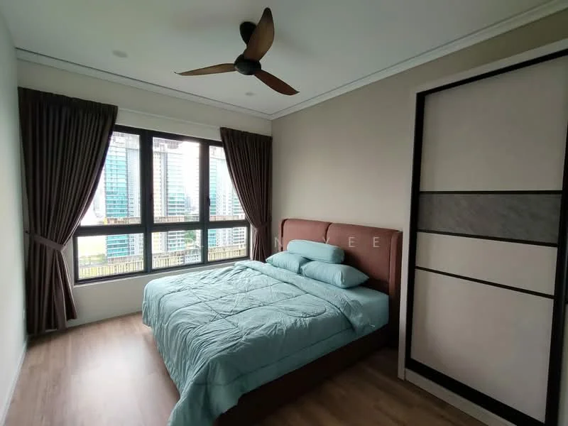 Bedroom features: king-size bed with upholstered headboard, light blue bedding, wooden flooring, 5-blade ceiling fan, floor-to-ceiling windows, dark brown curtains, built-in wardrobe with sliding doors, city view; style: modern; view: city.