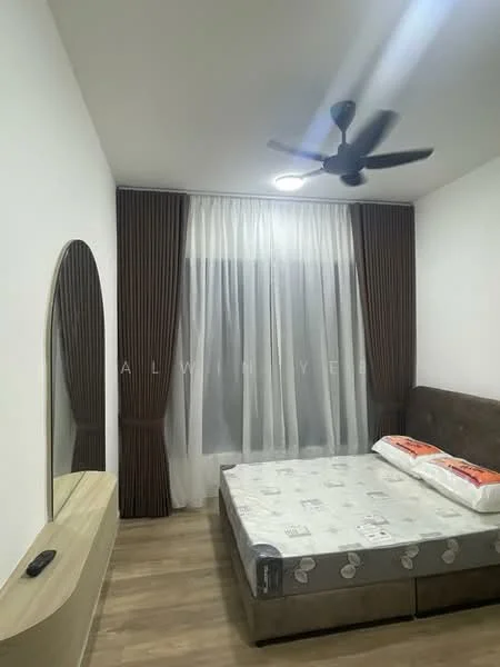 Bedroom features: queen-size bed, upholstered headboard, wooden flooring, floor-to-ceiling window, sheer curtains, dark brown curtains, ceiling fan with light, wall-mounted mirror, wooden dresser, decorative wall, light fixture; style: modern.