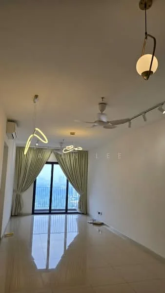Living features: white painted walls, glossy tile flooring, 5-blade ceiling fan with light, recessed LED downlights, hanging pendant light, floor-to-ceiling windows, sheer curtains, city view; style: modern; view: city.