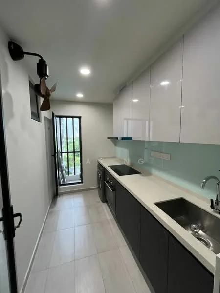 Kitchen features: white glossy upper cabinets, dark grey lower cabinets, light-colored countertop, double-bowl stainless-steel sink, chrome pull-down faucet, built-in washing machine, sliding glass door, floor-to-ceiling window, recessed LED downlights, wall-mounted ceiling fan, tile flooring; style: modern; view: garden.