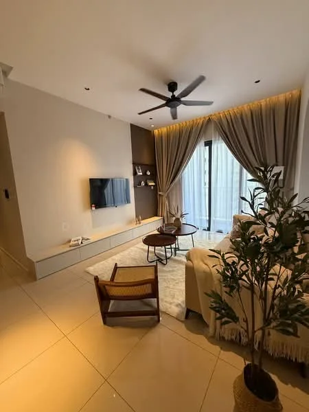 Living features: cream painted walls, white ceiling, 5-blade ceiling fan with light, floor-to-ceiling windows, sheer curtains, light-colored sofa, wooden coffee table, area rug, decorative plant, wall-mounted TV, built-in shelving unit; style: modern.