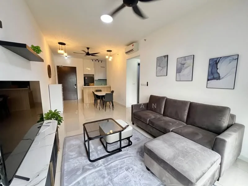 Living features: 3-seater fabric sofa in grey, coffee table with black metal frame, area rug with geometric pattern, wall-mounted TV, TV console with storage, pendant lighting, ceiling fan with light, decorative wall art, white painted walls, tile flooring; style: modern. Kitchen features: open kitchen layout, kitchen island with seating, stainless-steel appliances, wood cabinetry, black countertop, recessed lighting; style: modern.