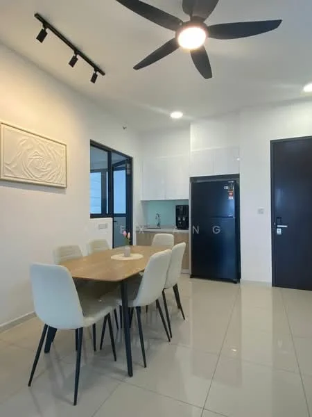 Dining features: 6-seater dining table, white dining chairs, black ceiling fan with light, recessed LED downlights, white tiled flooring, black refrigerator, white cabinetry, black countertop, window with black frame, wall-mounted artwork; style: modern.