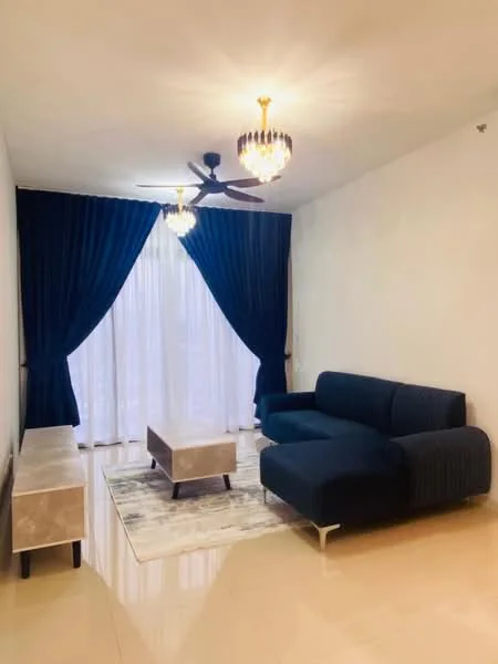 Living features: 3-seater fabric sofa in navy blue, coffee table with marble top, area rug with abstract pattern, floor-to-ceiling windows, sheer curtains, dark blue drapes, ceiling fan with light, chandelier lighting, polished tile flooring, white painted walls; style: modern.