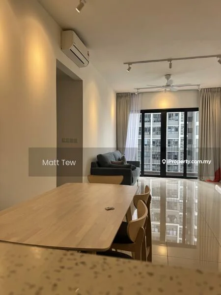 Living features: 3-seater fabric sofa in grey, floor-to-ceiling windows, curtains, recessed downlights, 5-blade ceiling fan, polished tile flooring, wall-mounted air conditioning unit, coffee table, area rug; style: modern; view: city. Dining features: 6-seater dining table, wooden dining chairs; style: modern.