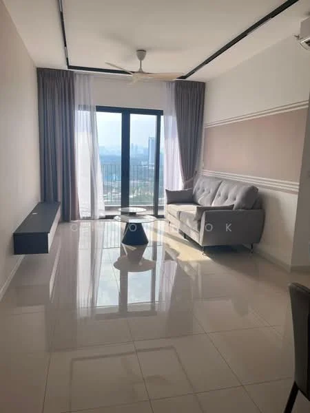 Living features: grey fabric sofa, floor-to-ceiling windows, sheer curtains, white painted walls, cream accent wall, recessed downlights, ceiling fan, glossy tile flooring, black floating shelf, balcony access; style: modern; view: city.